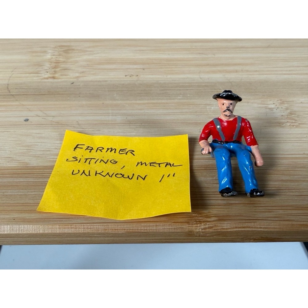 Vintage Miniature Metal Sitting Farmer Figurine Red Shirt Blue Pants 1 Inch
